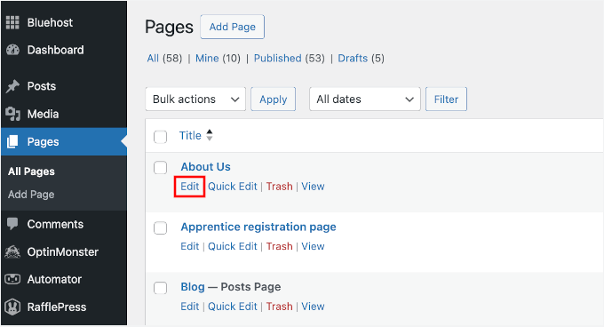 Editing a WordPress page