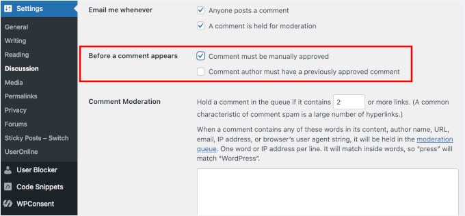 Before a comment appears setting