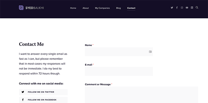 A contact page example on a personal website A contact page example on a personal website