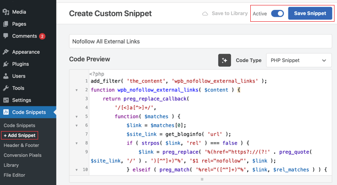 Configurazione dello snippet di codice in WPCode