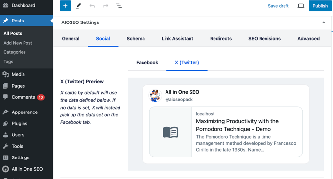 AIOSEO X (Twitter) Settings for a Post AIOSEO X (Twitter) Settings for a Post