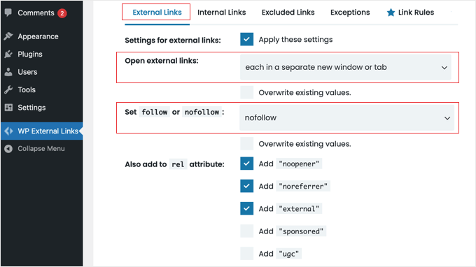 Impostazioni del plugin WP External Links