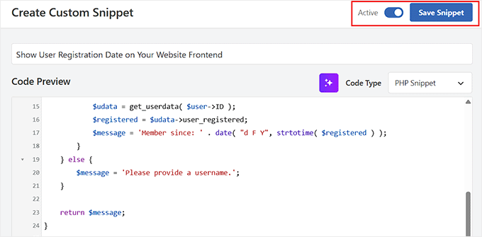 Activați fragmentul de cod care va afișa data înregistrării pe interfața website-ului dvs.