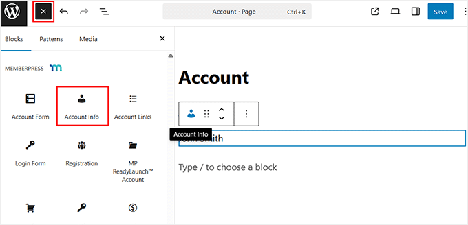 Adaugă blocul cu informații cont MemberPress