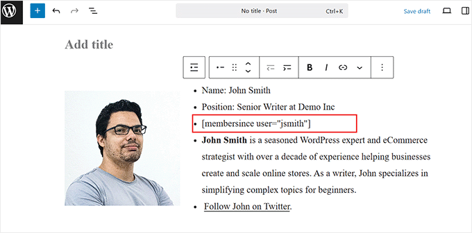 Adăugați shortcode-ul care afișează data înregistrării în blocul de paragraf