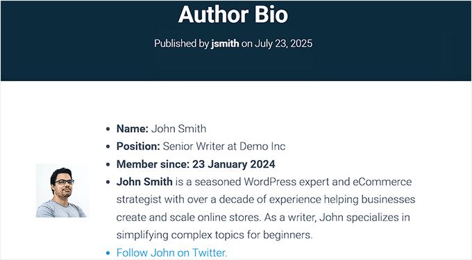 Previzualizare a unei biografii de autor afișată cu data înregistrării