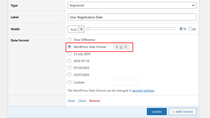 Alegeți un format de dată pentru înregistrarea utilizatorului