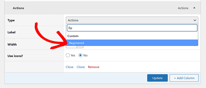 Alege Înregistrat ca tip de coloană în pluginul Admin Columns