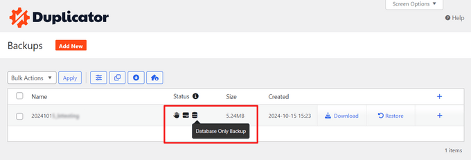 Database icon in Duplicator Database icon in Duplicator