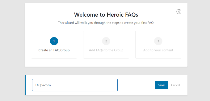 Enter a name for FAQ group Enter a name for FAQ group