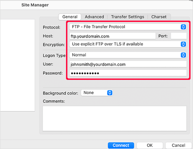 Entering FTP credentials in FileZilla Entering FTP credentials in FileZilla