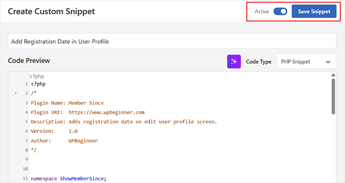 Salvați fragmentul care afișează data înregistrării pe pagina profilului utilizatorului în WPCode