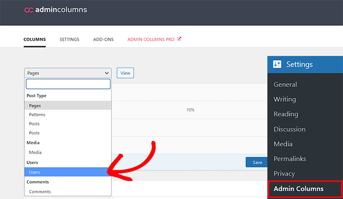 Selectați Utilizatori din meniul derulant din Coloanele de administrare