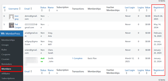 Vizualizați data înregistrării membrilor în MemberPress