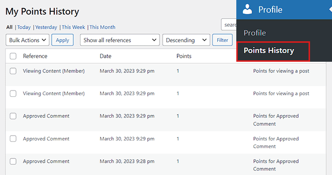 Visualizza cronologia punti