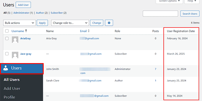 Vizualizați data înregistrării pe pagina Utilizatori