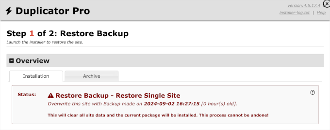 Popup window for restoring a website using Duplicator Popup window for restoring a website using Duplicator