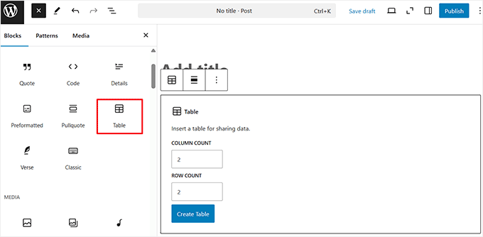 Aggiungi il blocco tabella