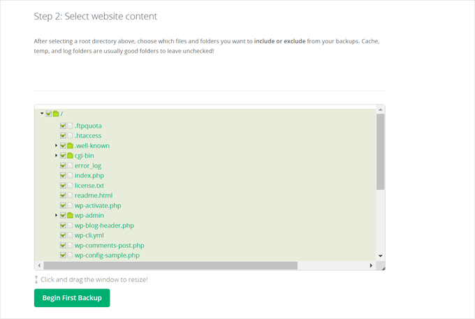 Selecting files to back up in CodeGuard Selecting files to back up in CodeGuard
