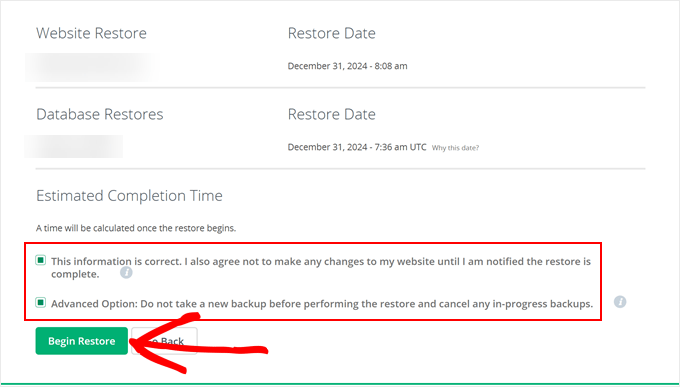 Beginning the CodeGuard restoration process Beginning the CodeGuard restoration process