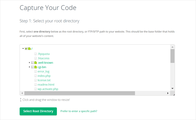 Selecting a root directory for the backup in CodeGuard Selecting a root directory for the backup in CodeGuard