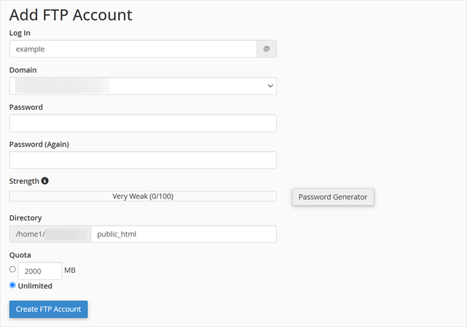 Creating an FTP account in cPanel Creating an FTP account in cPanel