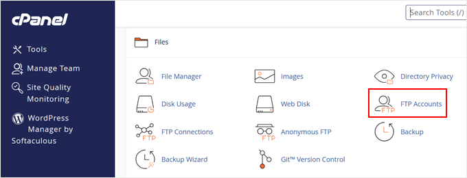 Opening the FTP option in cPanel Opening the FTP option in cPanel