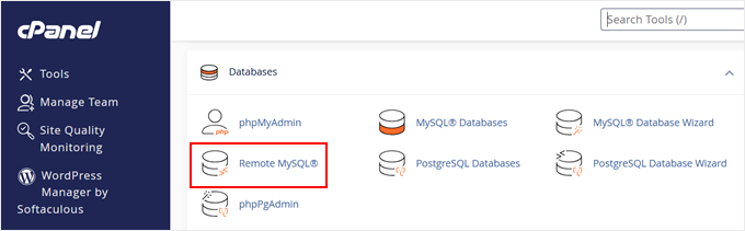 Selecting the Remote MySQL option in cPanel Selecting the Remote MySQL option in cPanel