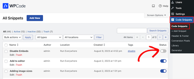 Deaktivieren eines benutzerdefinierten Code-Snippets auf einem WordPress-Blog oder einer Website