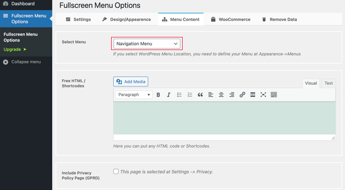 Conteúdo do Menu em Tela Cheia - Menu de Navegação