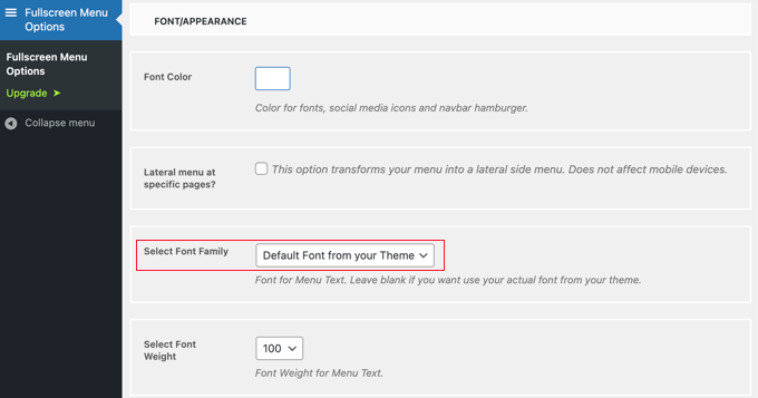 Design do Menu em Tela Cheia - Fontes