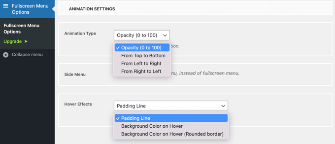 Design do Menu em Tela Cheia - Animação