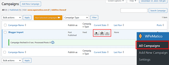 Run Blogger import campaign in WPeMatico