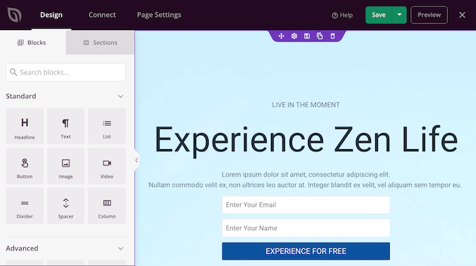 The SeedProd page editor The SeedProd page editor