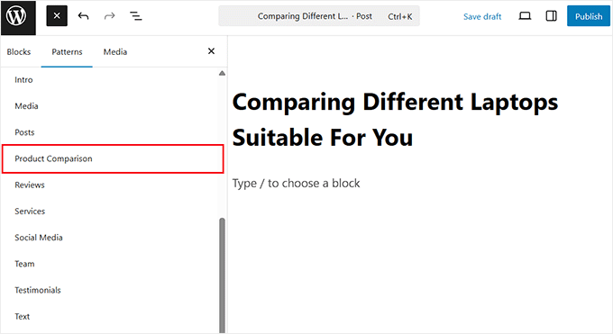 Seleziona la categoria del modello dal menu blocchi