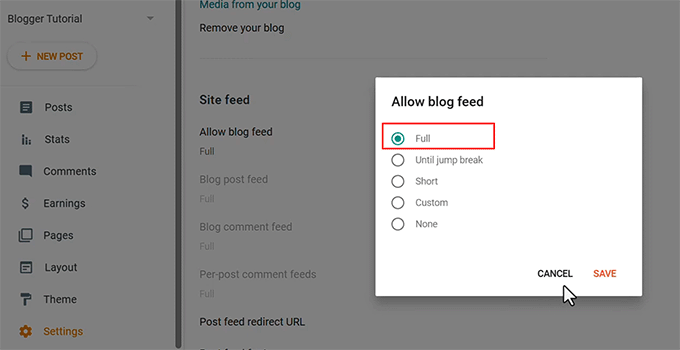 Set blog feed setting to Full in Blogger