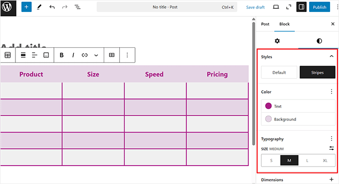 Stile del tuo blocco tabella usando il pannello blocchi