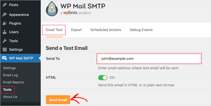 Navigate to WP Mail SMTP » Tools Navigate to WP Mail SMTP » Tools