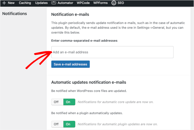 Setting up emails for update notifications Setting up emails for update notifications