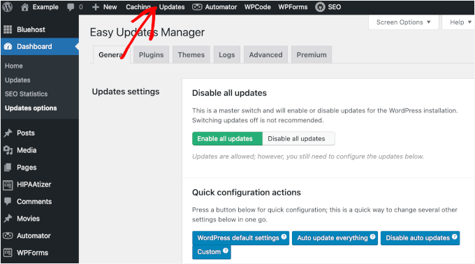 Updates menu item for Easy Updates Manager Updates menu item for Easy Updates Manager