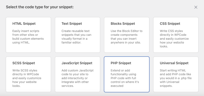 Choosing PHP Snippet as the code type Choosing PHP Snippet as the code type