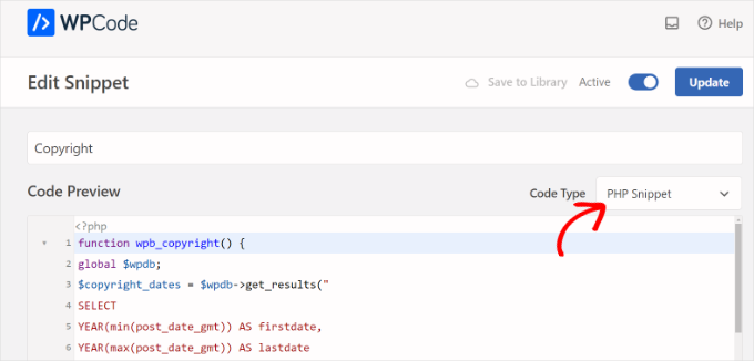 Aggiungi uno snippet di codice per il copyright