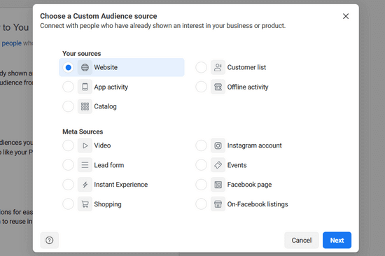 Scegli l'origine per il tuo pubblico personalizzato