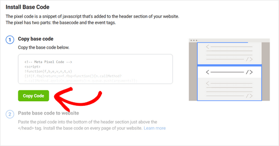Copia il codice per il pixel Meta di Facebook