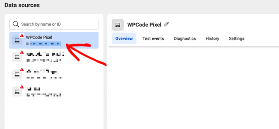 Copia l'ID del pixel di Facebook