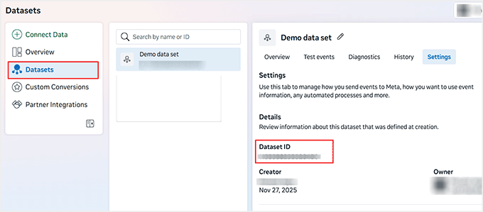 Copy your pixel (dataset) ID from Meta Event Manager page
