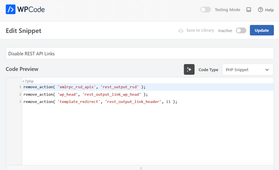WPCode will add the code for disabling REST API links WPCode will add the code for disabling REST API links