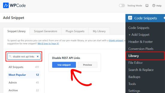 Search for the Disable REST API Links snippet from the WPCode library Search for the Disable REST API Links snippet from the WPCode library