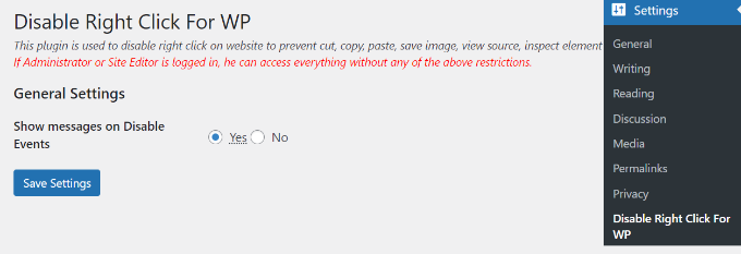 Disabilita il clic destro in WP