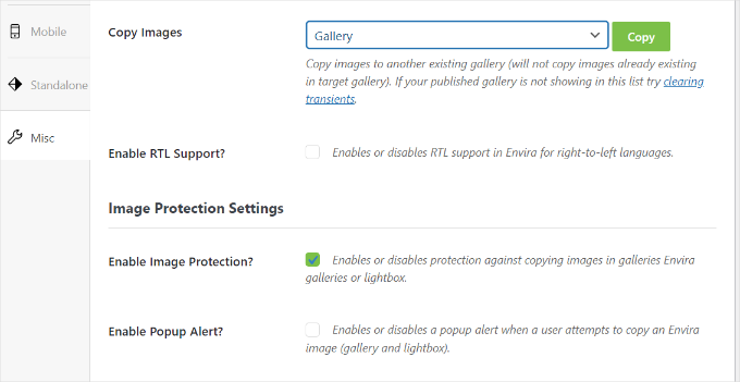 Abilita l'opzione di protezione delle immagini